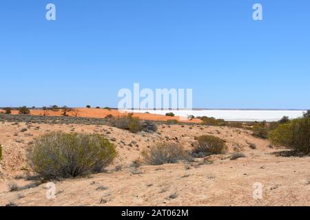 Vista panoramica dal bordo del lago Hart, una vasta saltpan in Australia meridionale, Australia Foto Stock