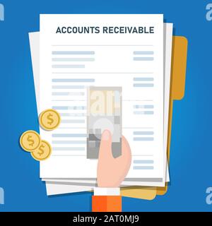 Gestione finanziaria dei crediti in azienda, mano che detiene denaro in cima alla fattura per il pagamento Illustrazione Vettoriale