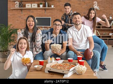 Gruppo di tifosi che guardano rugby in TV Foto Stock