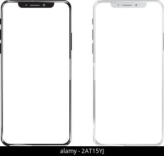 Mockup smartphone e profilo . Nuovo smartphone nero senza cornice con schermo bianco. Isolato su sfondo bianco. Illustrazione Vettoriale
