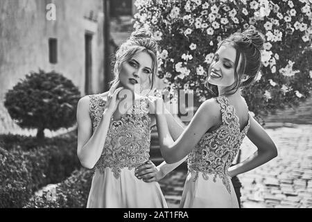 Bella bionda e bruna bridesmaids con capelli di lusso in splendida elegante pavimento leggero lunghezza v collo chiffon abito abito decorato con Foto Stock