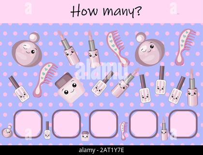 gioco per bambini con foto. Foglio attività per bambini. Attrezzature per parrucchieri cartoni animati Illustrazione Vettoriale