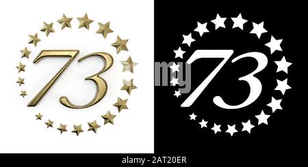 Numero 73 (numero settantatré) anniversario di celebrazione con un cerchio di stelle d'oro su sfondo bianco con ombra e canale alfa. 3D Foto Stock