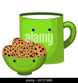 Carino tazza da tè caratteri.dolce bustine di the con facce carine. Gli Emoji doodle objects.grazioso sacchetto da tè set. Cup gli Emoji impostato con le guance e gli occhi. Bella colorata Illustrazione Vettoriale