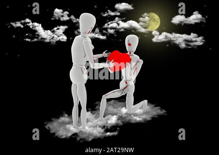 3D'illustrazione. Dichiarazione di amore in Cielo tra le nuvole. Il mio ragazzo offre il cuore il giorno di San Valentino. Foto Stock
