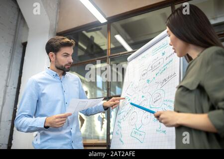 Uomo con bearded in una camicia blu che punta allo sketh sulla lavagna a fogli mobili Foto Stock