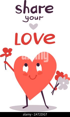 Simpatica illustrazione vettoriale isolata su bianco. Cuore sorridente felice con fiori bellissimi. Lettere moderne. Un biglietto d'auguri romantico per Illustrazione Vettoriale