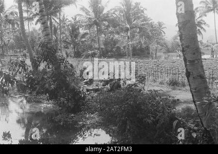 Garoet. Pattrolli di purificazione. Garut Cinese. Patrol di purificazione durante una pausa nella dessa Data: Ottobre 1947 luogo: Indonesia, Indie orientali olandesi Foto Stock