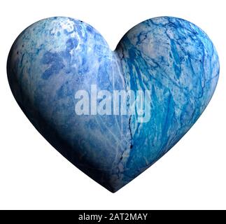 Elegante cuore in marmo 3D in tonalità blu isolato su sfondo bianco, illustrazione di San Valentino Foto Stock