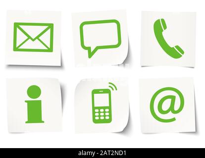 Contattaci, set di sei icone colorate su note adesive Illustrazione Vettoriale
