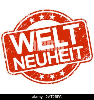 Rosso timbro rotondo con graffi e testo novità mondiale (in tedesco) Illustrazione Vettoriale