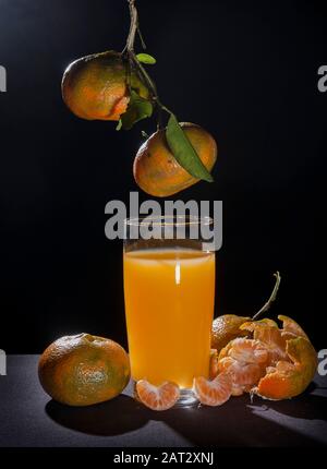 tangerina e vetro, agrumi reticula.on tavolo con fondo nero e retroilluminazione still life .mandarin varietà arancio contiene pomelo e c vi Foto Stock