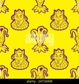 Modello senza cuciture del contorno viso del re jester su sfondo giallo. Immagine vettoriale Illustrazione Vettoriale