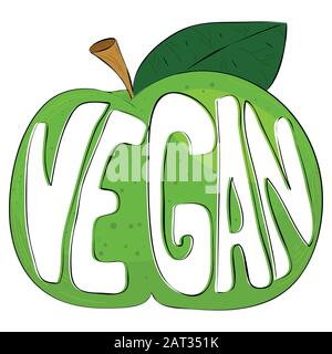 Il testo vegan su una mela verde cartone animato, timbro vettoriale con illustrazione disegnata a mano. Illustrazione Vettoriale