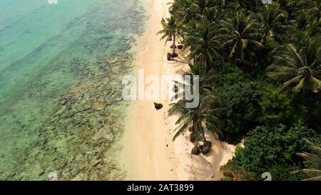 Spiaggia di sabbia bianca selvaggia con palme da cocco. Isole Caramoan, Filippine. Bellissime isole, vista dall'alto. Concetto di vacanza estiva e di viaggio. Foto Stock