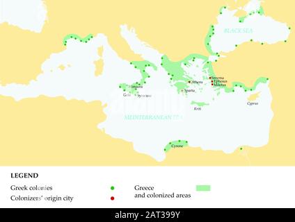 Antica grecia mappa che mostra l'impero greco e le sue colonie. Foto Stock