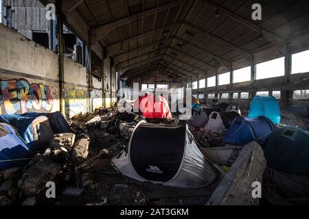 Immigrati curdi iracheni che si rifugiano in tende tra le macerie di un deposito derelict alla periferia di Dunkerque mentre cercano di raggiungere la Gran Bretagna. Foto Stock