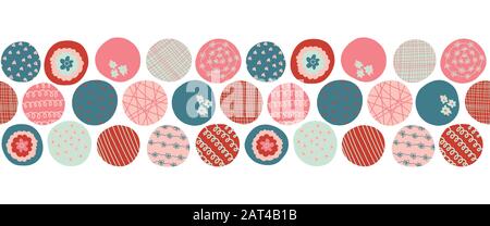 Punti colorati vettore senza cuciture bordo bambini. Cerchi rosa, rosso, blu con texture che ripetono lo sfondo. Disegno a mano astratto di doodle disegnato per il rivestimento di tessuto Illustrazione Vettoriale