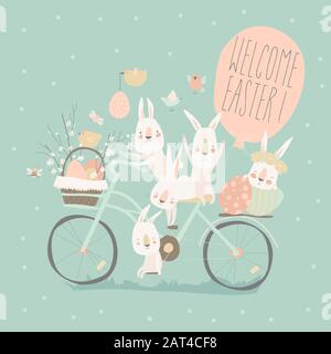 Bunnies di Pasqua in bicicletta con uova di pasqua Illustrazione Vettoriale