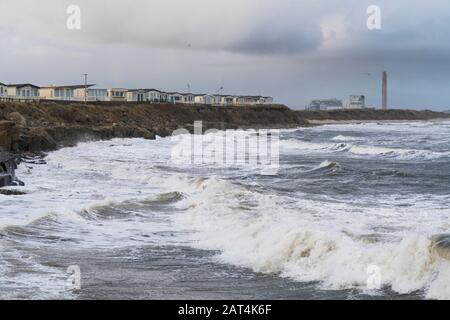 Newbiggin-by-the-Sea Caravan Park Lynemouth Power Station, vista mare Foto Stock