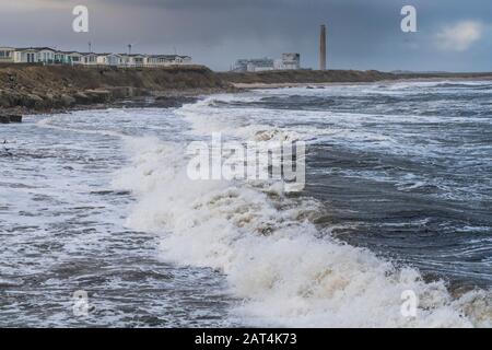 Newbiggin-by-the-Sea Caravan Park Lynemouth Power Station, vista mare Foto Stock