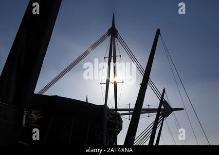 Vista di parte della sovrastruttura del Millennium / Principato Stadium, Cardiff, South Glamorgan, Galles, Regno Unito Foto Stock