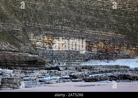 Pietra calcarea strata in scogliere a Dunraven Bay, vicino Southerndown, South Glamorgan, Galles, Regno Unito Foto Stock