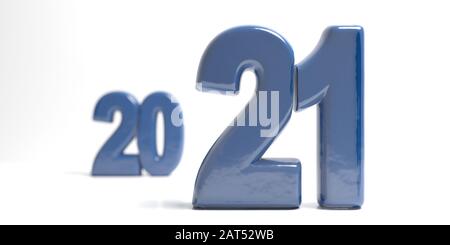 2021 cambiamento del nuovo anno. Numeri blu con profondità di campo e numeri sfocati su sfondo bianco. Vista ravvicinata, sommario. figura 3d Foto Stock