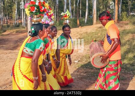 L'uomo tribale suona uno strumento musicale mentre le donne eseguono la danza popolare in un'area boschiva a Bolpur Shantiniketan, Bengala Occidentale Foto Stock