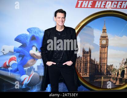 Jim Carrey arriva per uno screening del nuovo film Sonic the Hedgehog al cinema Vue di Westfield. Data Immagine: Giovedì 30 Gennaio 2020. Photo credit dovrebbe leggere: Ian West/PA Foto Stock