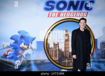 Jim Carrey arriva per uno screening del nuovo film Sonic the Hedgehog al cinema Vue di Westfield. Data Immagine: Giovedì 30 Gennaio 2020. Photo credit dovrebbe leggere: Ian West/PA Foto Stock