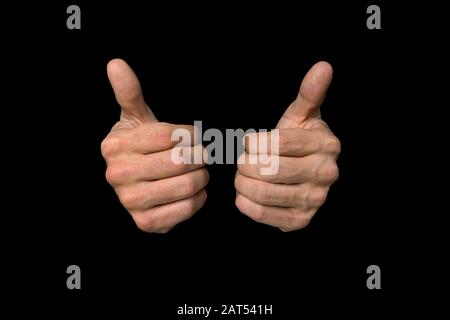 2 di 3 immagini che mostrano la sequenza per LA parola SALUTE nel linguaggio dei segni britannico su uno sfondo nero isolato Foto Stock