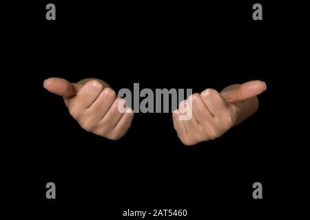 3 di 3 immagini che mostrano la sequenza per LA parola SALUTE nel linguaggio dei segni britannico su uno sfondo nero isolato Foto Stock