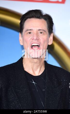 Jim Carrey arriva per uno screening del nuovo film Sonic the Hedgehog al cinema Vue di Westfield. Data Immagine: Giovedì 30 Gennaio 2020. Photo credit dovrebbe leggere: Ian West/PA Foto Stock