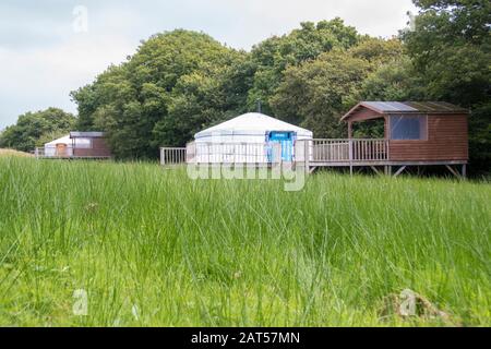 Galles, Regno Unito: 10 ago 2016 : campeggio di lusso o un alloggio glamping in un yurt nei terreni di Seren Retreat, Bryncoch Farm vicino Swansea, The Gower Pen Foto Stock