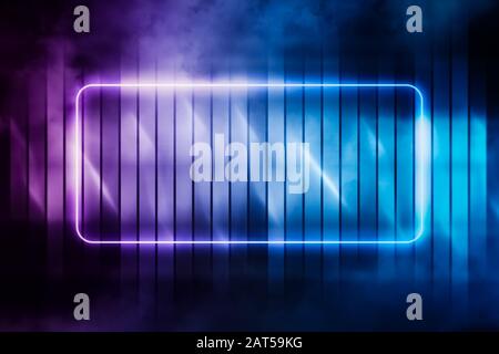 Incandescente vuoto rettangolare neon frame synthwave astratto sfondo o sfondo o sfondo con spazio di copia per il testo o il titolo. Futuris blu e viola Foto Stock
