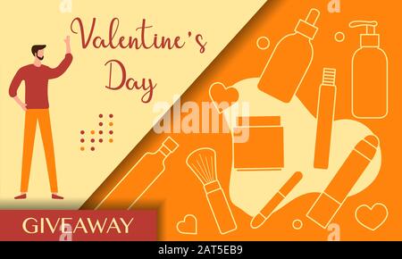 Illustrazione vettoriale cosmetici decorativi, trucco Valentine's Day sale Giveaway template Shopping background Offerta Prezzo riduzione pubblicità Purc Illustrazione Vettoriale