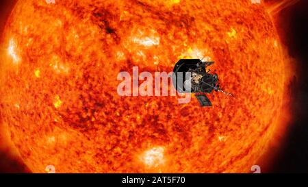 Interpretazione artista della NASA Parker Solar Probe di fronte al Sole. La sonda rivelerà il Sole in grande dettaglio e anche il mai visto prima pola Foto Stock