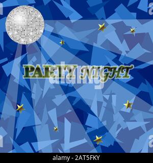 Blue Night Party Background Con Mirror Sphere. Banner Discoteca Club Illustrazione Vettoriale