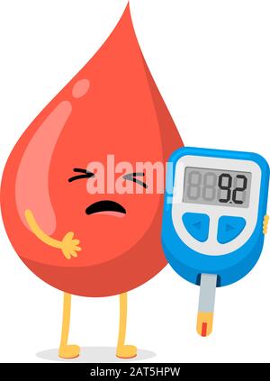 Carino cartoon sangue malato goccia carattere con glucometro. Dispositivo di misurazione del glucosio per diabetici con indicazione del livello di zucchero. Vettore elevato diabete glucosio rischio di illustrazione piatta Illustrazione Vettoriale