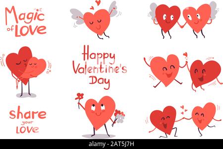 Buon giorno di San Valentino. Serie di graziose illustrazioni vettoriali isolate su bianco. Clip art per il concetto di biglietto d'auguri. Coppia innamorata. Bacia volante danzante Illustrazione Vettoriale