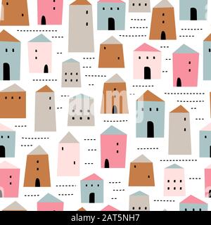 Senza cuciture motivo childish con case. Creatività scandinava per bambini texture Illustrazione Vettoriale