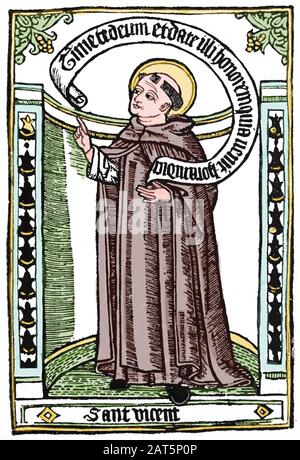 Saint Vincent Ferrer (1350-1413). Frate Dominician spagnolo. Incisione di una biografia il santo del 1510. Foto Stock