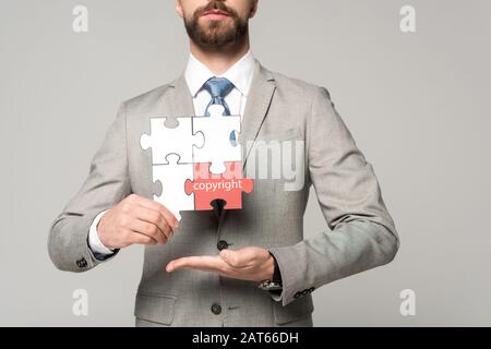 vista ritagliata di un uomo d'affari che tiene un puzzle con scritte di copyright isolato su grigio Foto Stock