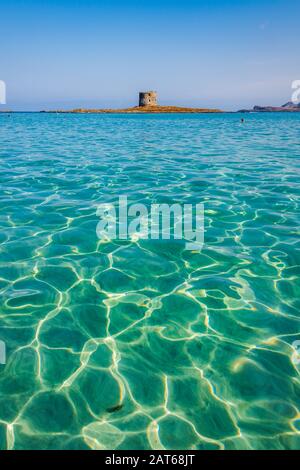 L'incredibile mare e la torre aragonese a la Pelosa Beach, Stintino Foto Stock