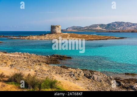 L'incredibile mare e la torre aragonese a la Pelosa Beach, Stintino Foto Stock