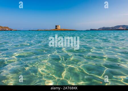 L'incredibile mare e la torre aragonese a la Pelosa Beach, Stintino Foto Stock