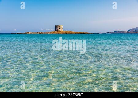 L'incredibile mare e la torre aragonese a la Pelosa Beach, Stintino Foto Stock
