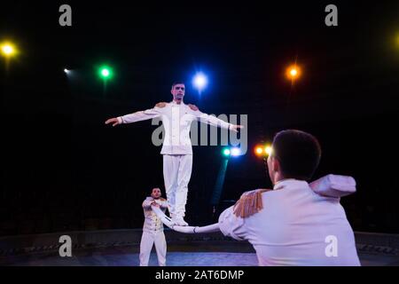 fuoco selettivo di bell'equilibrio acrobat sulla pole vicino agli uomini in circo Foto Stock