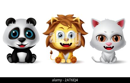 Set di vettori di caratteri animali. Panda, orso, leone e gatto animali personaggi in posa seduta e sorridente espressione facciale isolato in sfondo bianco. Illustrazione Vettoriale